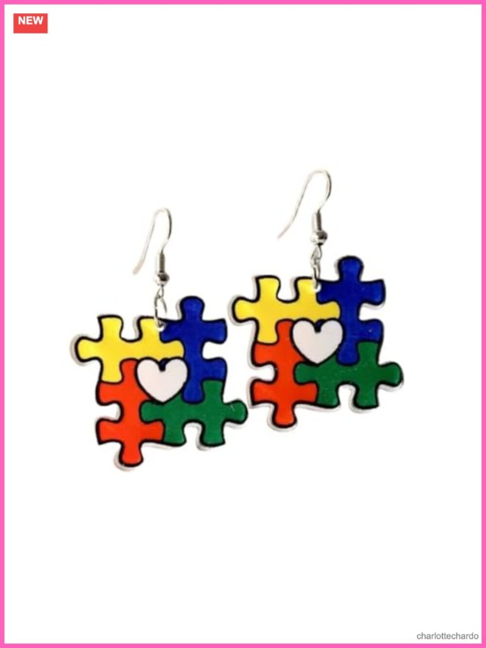 Autism Awareness Dangle Earrings Zinc French Wire Heart Puzzle Piece